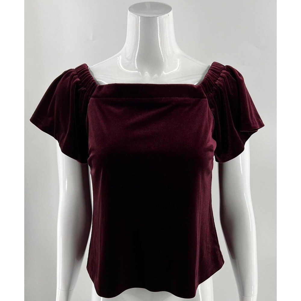 White House Black Market Off Shoulder Velour Top Sz XS Maroon Red Ruffle Sleeve - Picture 5 of 7